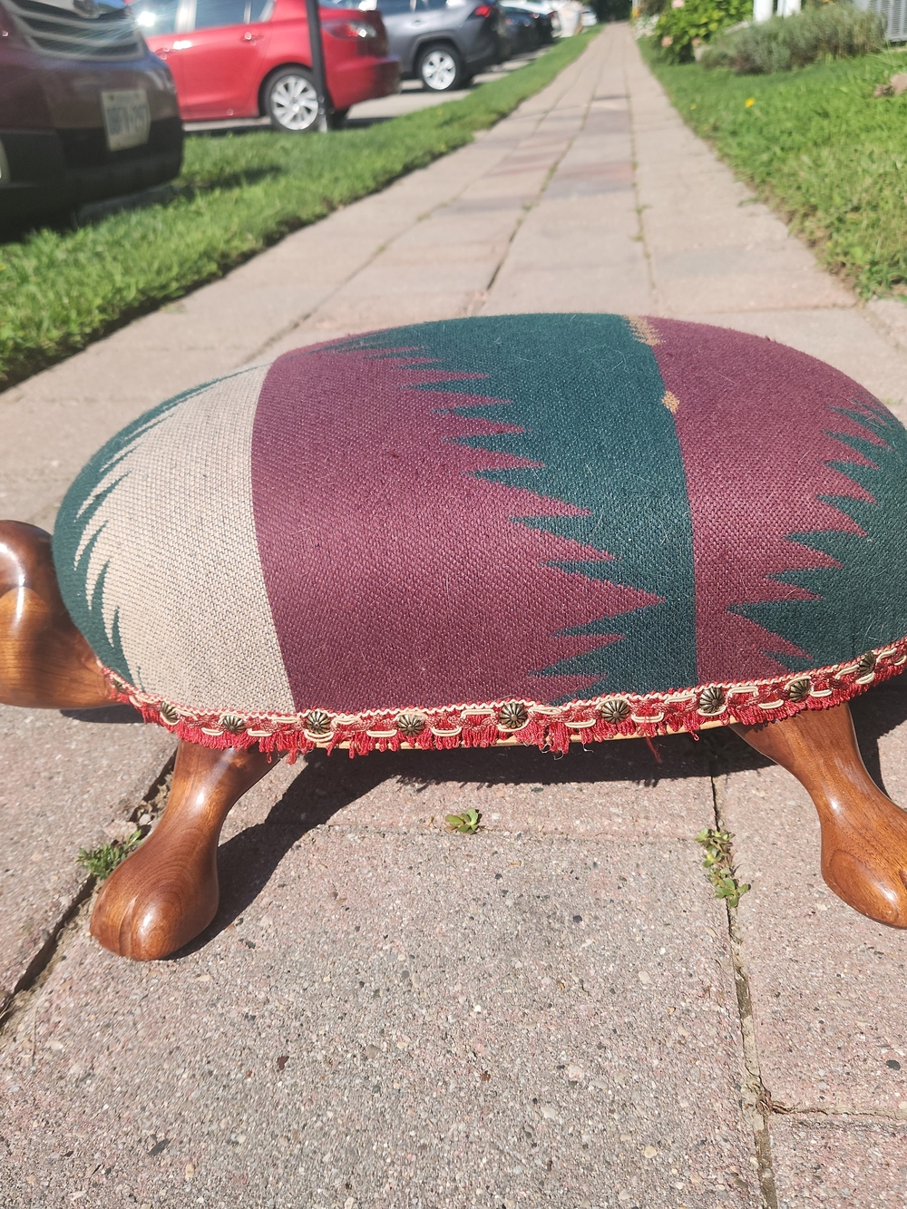 Handcrafted Wood Turtle Footstool in Green, Burgundy, and Cream Aboriginal Patte